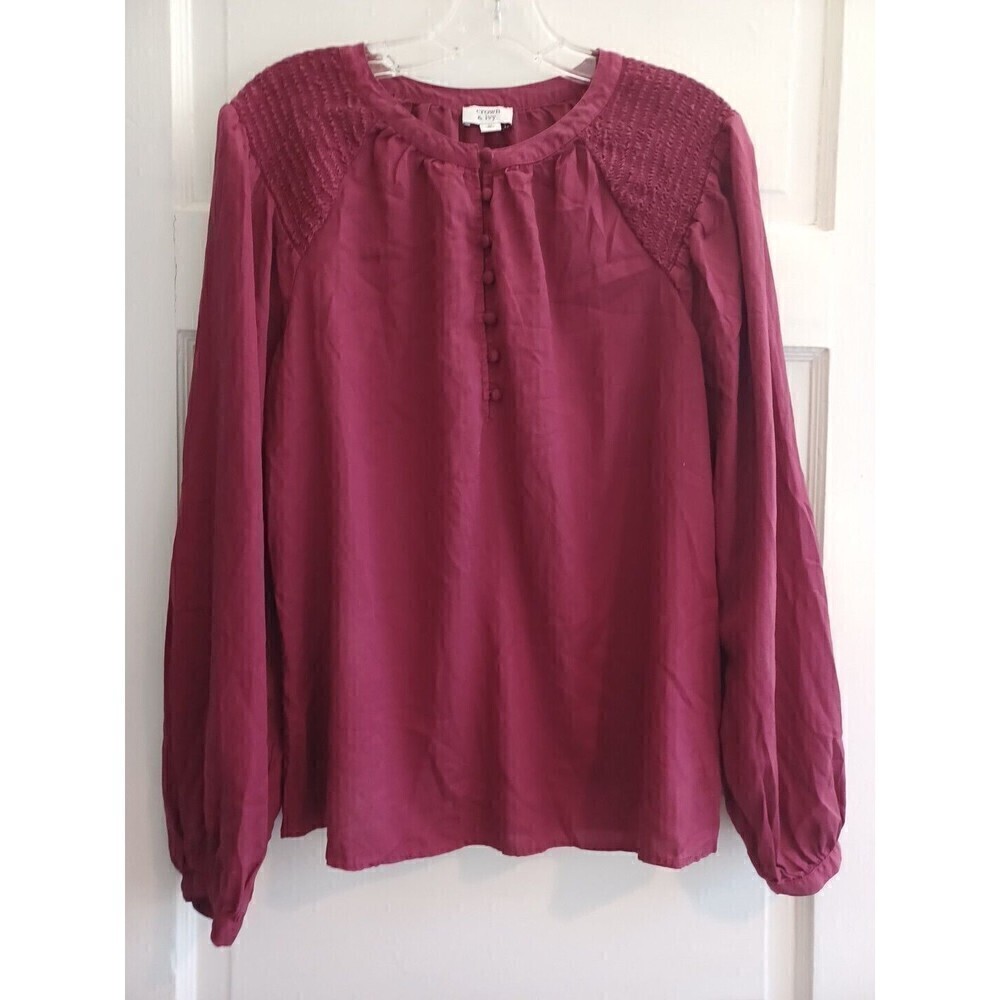 Trendy burgundy peasant blouse M smocking detail sleeves popover boho indie